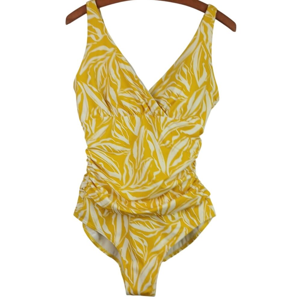 Boden Women's SZ 10L Talamanca 1 Piece Swimsuit Yellow White Ruched Flattering - Picture 2 of 6